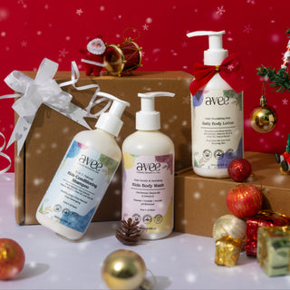 Avee Kids skincare products with Christmas decorations on a red background