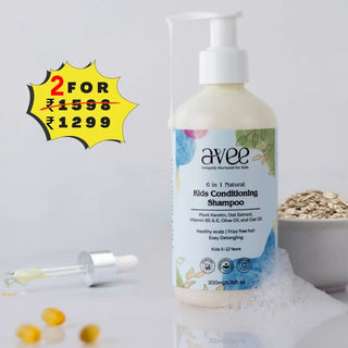 Avee kids conditioning shampoo bottle with promotional offer on a light gray background